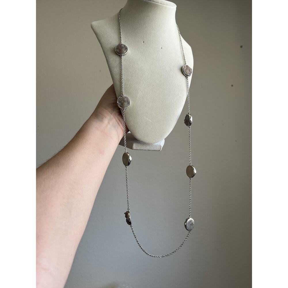 LOFT Silver Tone & Crystal Druzy Station Disc 36” Necklace